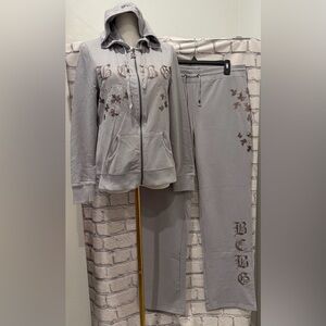 BCBG Maxazria :XL Women Pearl Gray Leaf-Patterned Tracksuit Stud Embellishment